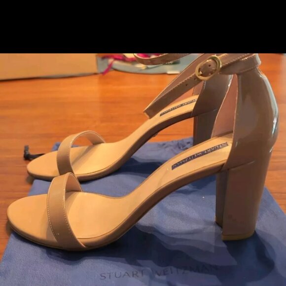 Stuart Weitzman Nudistcurve 75 3" Block Heel Sandal Size 11.5 M Patent Leather - Picture 3 of 6